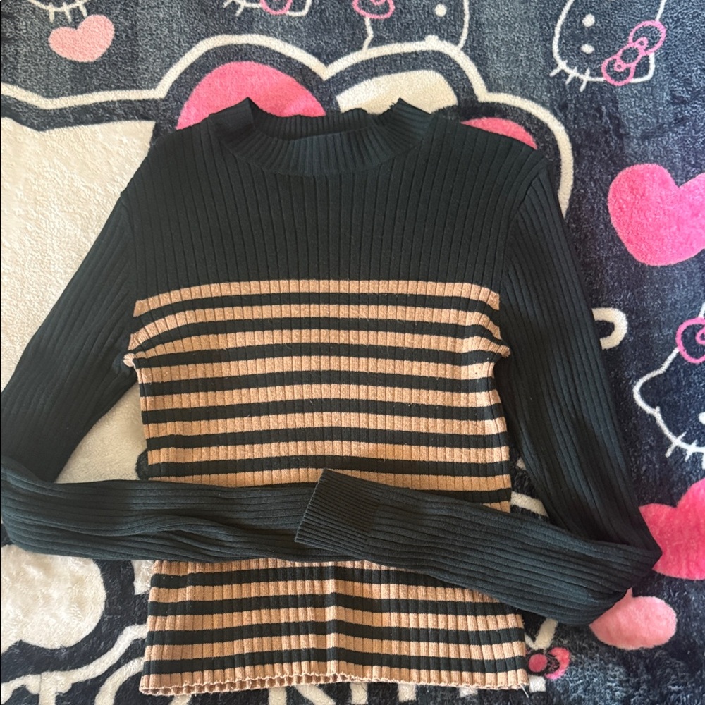 Striped Ribbed Knit Sweater in Black and Tan